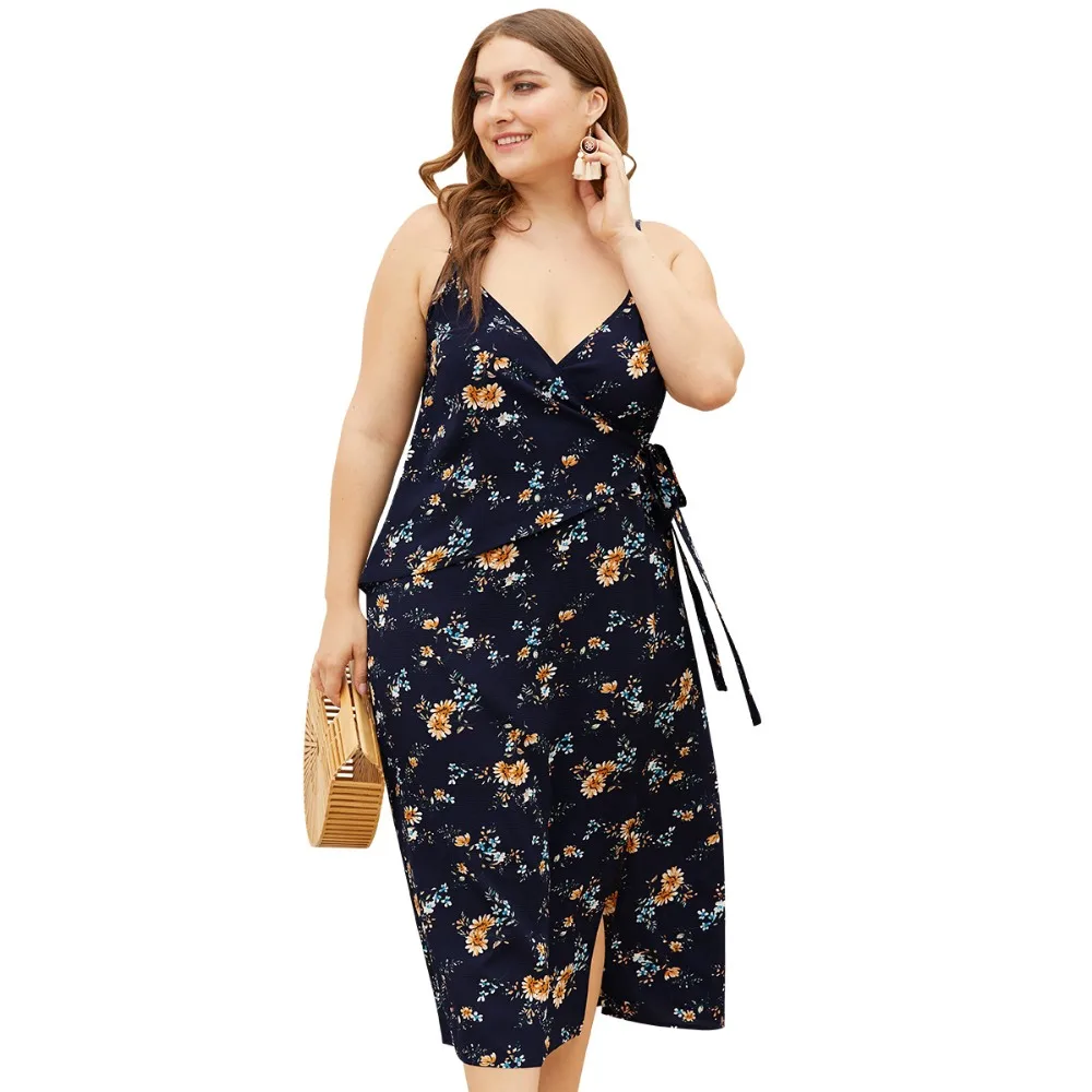 

WHZHM Sashes Floral V-Neck Strap Dress Backless Sleeveless Printed Dress Women Vestido Party Plus Size 3XL 4XL Flower Dress