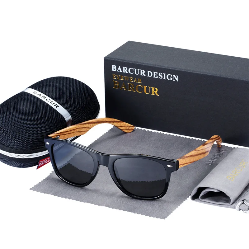 BARCUR, натуральная Зебра, дерево, солнцезащитные очки, поляризационные, деревянные, прямоугольные, зеркальные линзы, для вождения, UV400, для мужчин и женщин - Цвет линз: Black Polarized