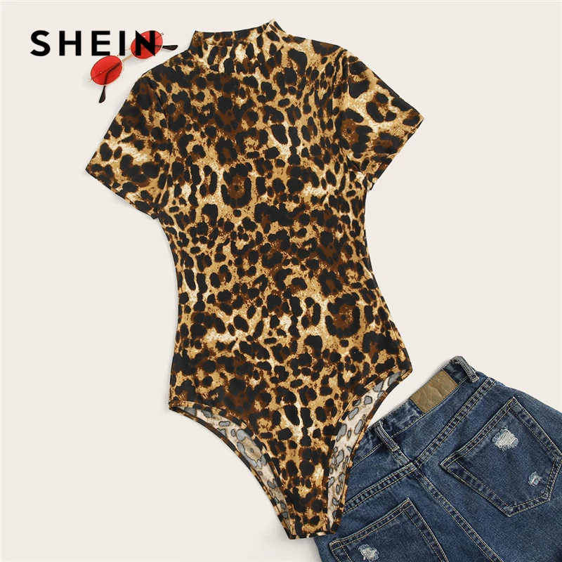 SHEIN Plus Size Multicolor Mock-Neck Leopard Print Bodysuit 2019 Women Summer Casual Stand Collar Short Sleeve Plus Bodysuits SHEIN Plus Size Multicolor Mock-Neck Leopard Print Bodysuit 2019 Women Summer Casual Stand Collar Short Sleeve Plus Bodysuits