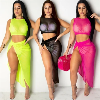

Women's Sheer Mesh Crop Top Slit Skirt Bikini Cover Up Bathing Summer Beach Sets