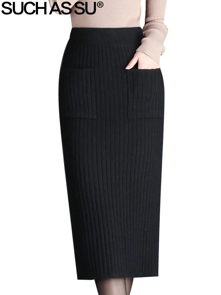 Brand New 2018 Women Knit Skirt Sexy Black Pocket Mid Long Pencil Skirt