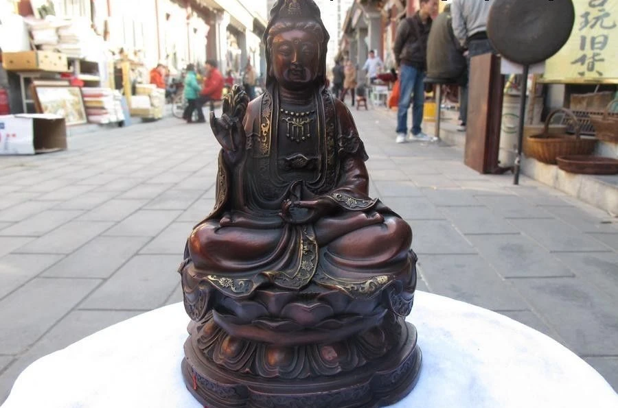 " Китайская классическая чистая красная бронза цветок лотоса Kwan-Yin Будда Гуаньинь статуя