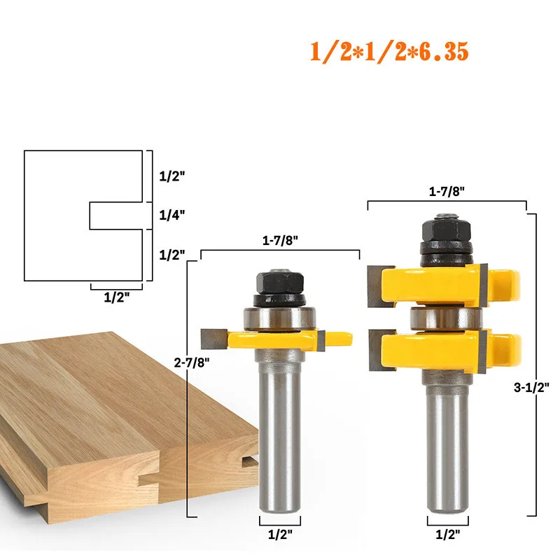 

2pcs 1/4" 1/2" Shank 3 Blades T Type Tongue Groove Router Bit Set Woodworking Mortise Knife Tenon Solid Carbide End Mill Cutter