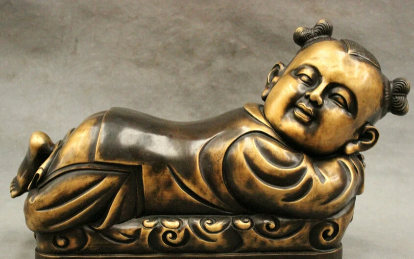

USPS to USA S1529 14" FengShui Chinese Bronze Copper JiXiang Fu Girl Moppet Gal Statue Hand Pillow (B0413)