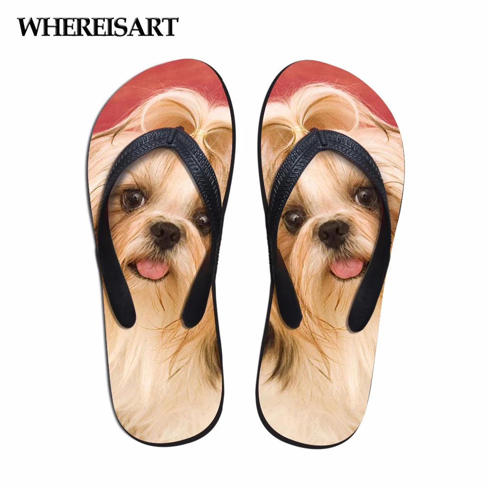 

WHEREISART Kawaii Yorkshire Women Casual Flip Flops 3D Animal Prints Fashion Summer Flats Beach Shoes for Ladies Rubber Sandals