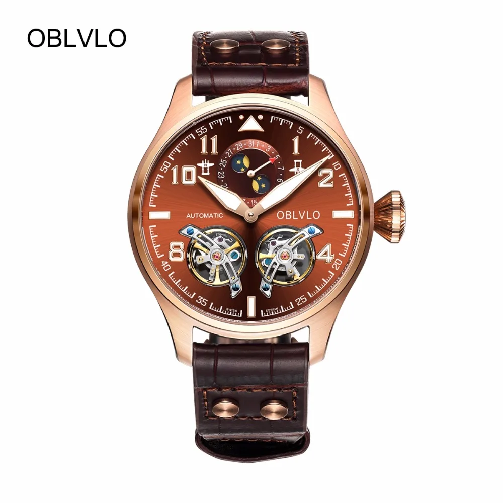 

OBLVLO Sport Watches for Men Complete Calendar Brown Dial Automatic Watches Tourbillon Pilot Watches OBL8232