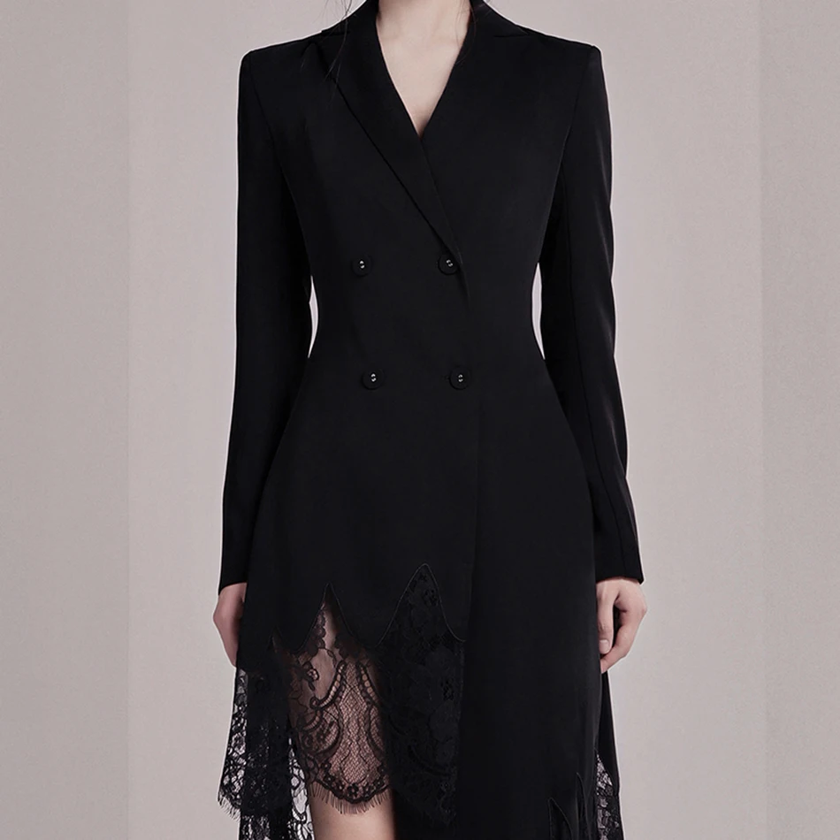 Осенний черный двубортный костюм платье Облегающее с длинным рукавом Глубокий V кружевной шов Асимметричный кисточкой пикантное платье vestidos