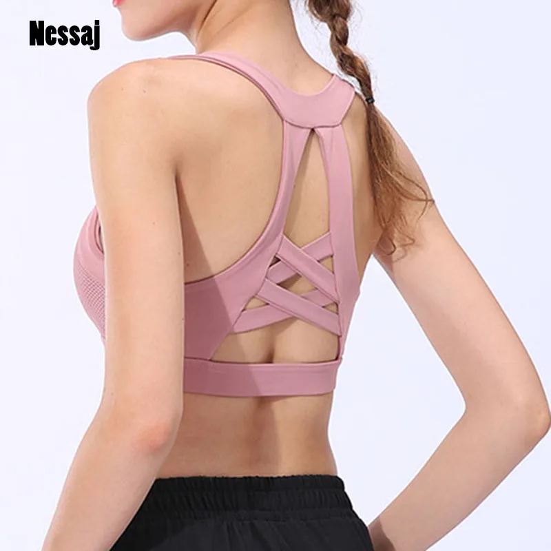 

Nessaj Women's Solid Color Push Up Tops Shockproof Fitness Sports Bra Mesh Breathable Sexy Top Cross Strap Sexy Top