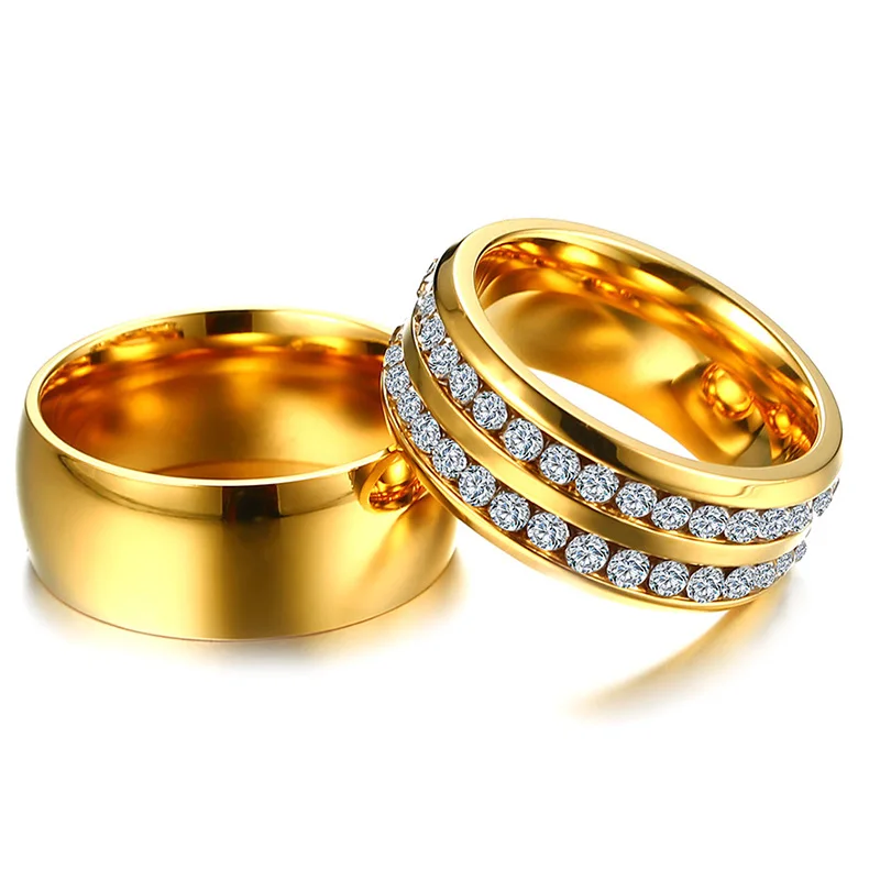 Meaeguet Gold-color Stainless Steel Two Row Lines Crystal Ring Wedding Bands for Women Men Couple Wedding Engagement Jewelry