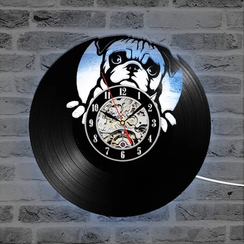 

Cute Puppy Dog Design 3D Record Clock LED Lighting Wall Art Vinyl Record Clock Amimal Silhouette Kids Room Decor Hanging Clock