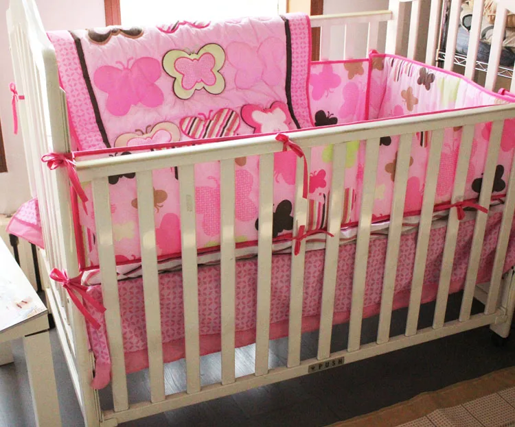 

Promotion! 4PCS embroidery Cotton crib baby bedding set Quilt Cover Baby Bed Sheet ,include(bumper+duvet+bed cover+bed skirt)