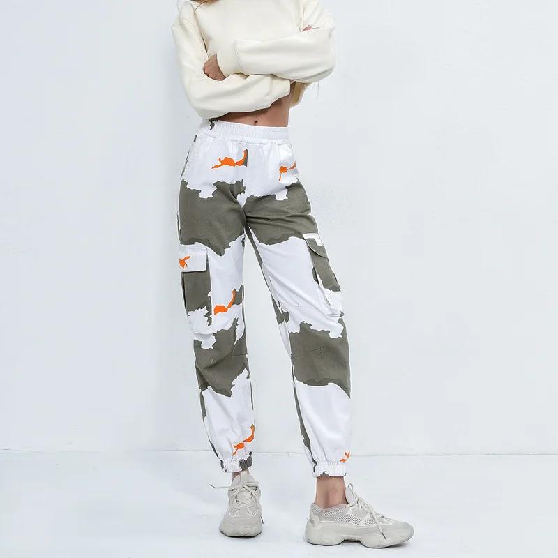 

Women Camouflage Pants Casual Loose Camo Sweatpant Fashion Gray Orange Camo Pants High Waist with Pocket Loose Ladies Trousers