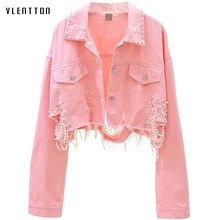 Осенняя уличная одежда, розовый, белый цвет, женская джинсовая куртка, пальто с бисером и дырками, короткие женские джинсовые куртки с длинным рукавом, свободная ковбойская одежда
