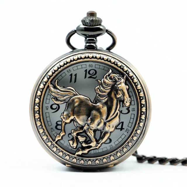 

Exquisite Bronze Hollow Horse Case Design Quartz Pocket Watch With Necklace Chain Pendant Gift for Boys TD2088