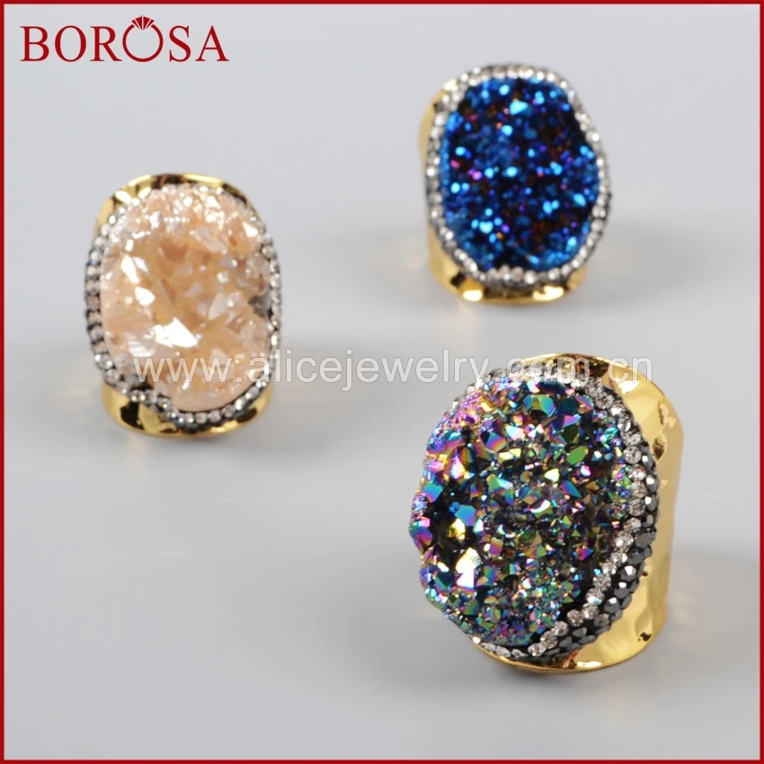 BOROSA Gold Color Rainbow Crystal Titanium Druzy Quartz Copper Ring Paved Zircon for Women JAB255