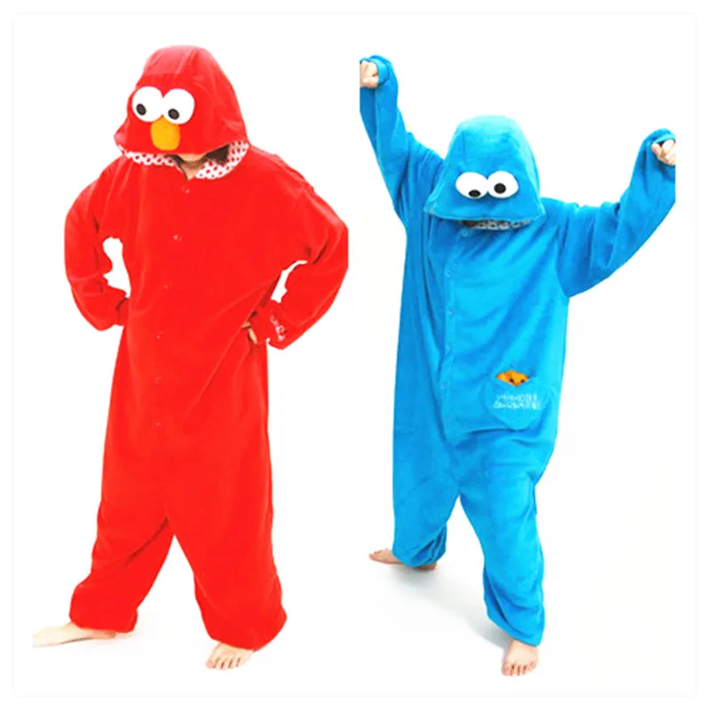

Adults Flannel Kigurumi Sesame Street COOKIE MONSTER & ELMO Cosplay Costume Women or Men Onesies Pajamas