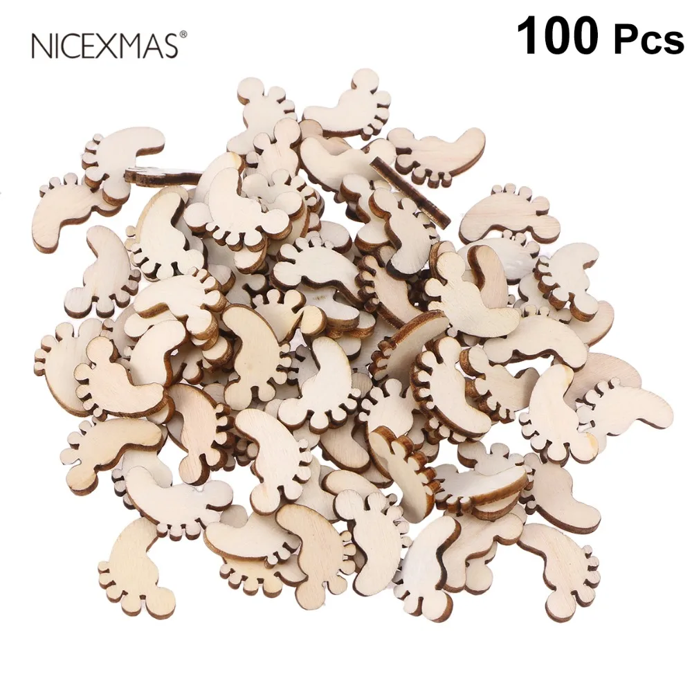 

100pcs Cartoon Foot Shape Wooden Pieces Cutouts Craft Embellishments Wood Ornament Manual Accessories for DIY Art