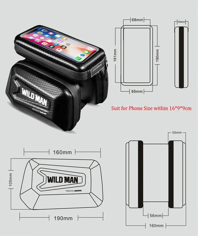 Perfect WILD MAN Bike Frame Bag TPU Touch Screen Bicycle Top Tube Bag Shell Shape Waterproof for Storage Phone/Tools/Flashlight/Gloves 3