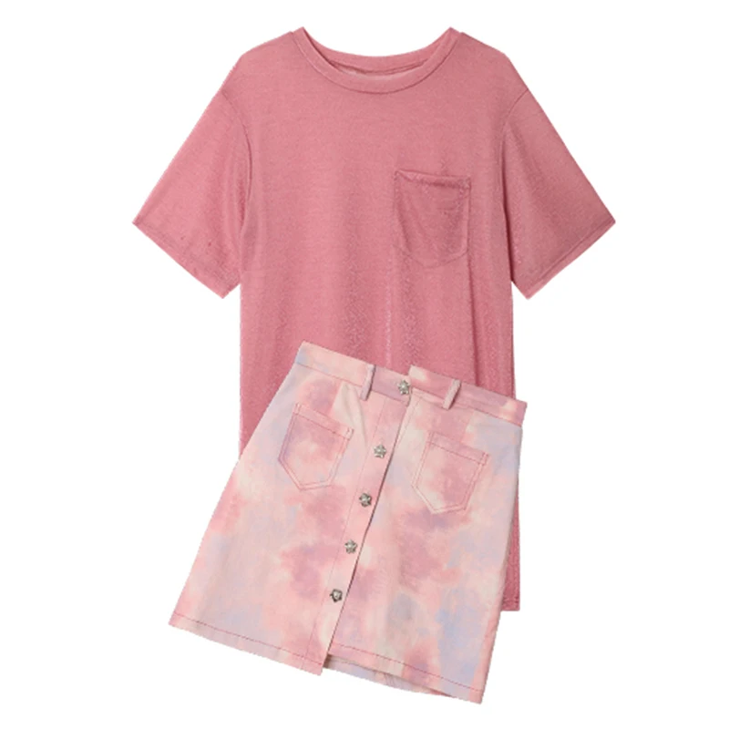 

PERHAPS U pink solid short sleeve o neck pocket T-shirt tie dyeing high waist single-breasted short skirt two-piece summer T0135