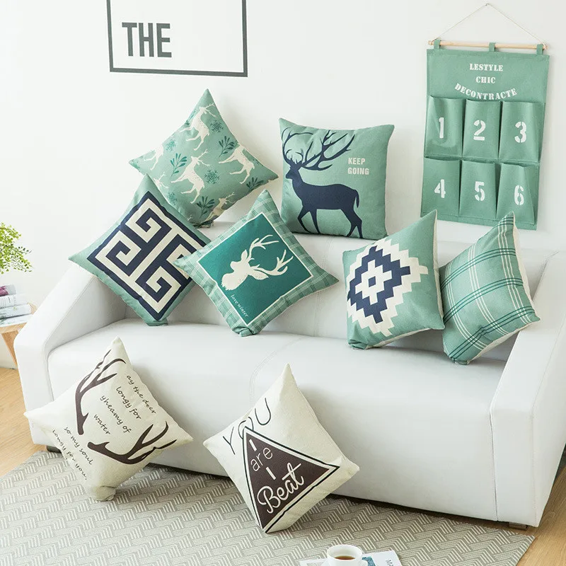

Nordic Style Elk Printed Green Lines Decorative Sofa Throw Pillow Case Abstract Geometric Printed Linen Cotton Cushion Cover