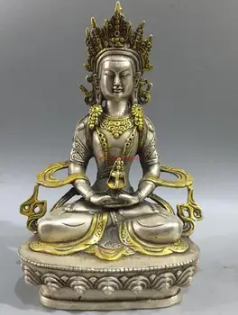 

22cm Chinese Silver Copper Handwork Carved Buddha Statue