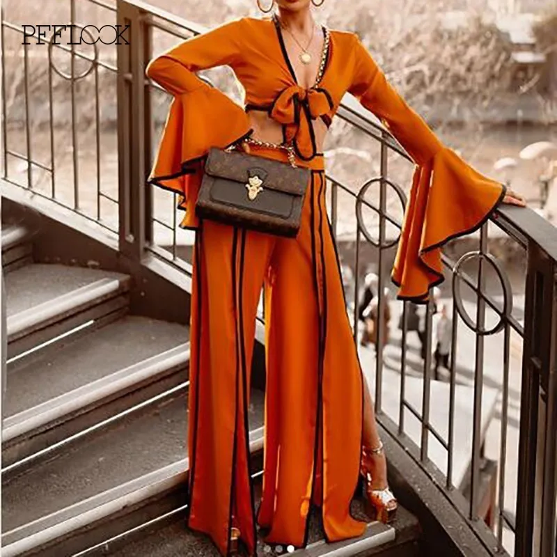 PFFLOOK/пикантная Женский комплект 2 шт. комплект из двух предметов: укороченный топ с расклешенными рукавами и штаны оранжевого цвета, летние