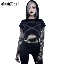 Goth Dark Black Mesh Grunge Punk Gothic Female Sweatshrit Hollow Out Hole Patchwork Vintage Hoodies Transparent Navel Rivet Chic Goth Dark Black Mesh Grunge Punk Gothic Female Sweatshrit Hollow Out Hole Patchwork Vintage Hoodies Transparent Navel Rivet Chic