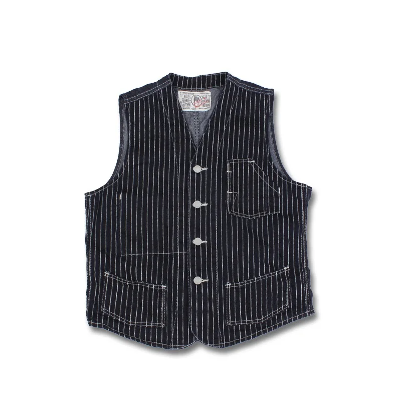 

bronson raw indigo wabash railway stripe vest mens working vest