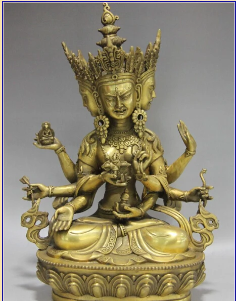 

free Chinese Temple Brass 3 Head 8 Arm Ushnisha Vijaya Holiness Bulmo Guan Yin Buddha fast