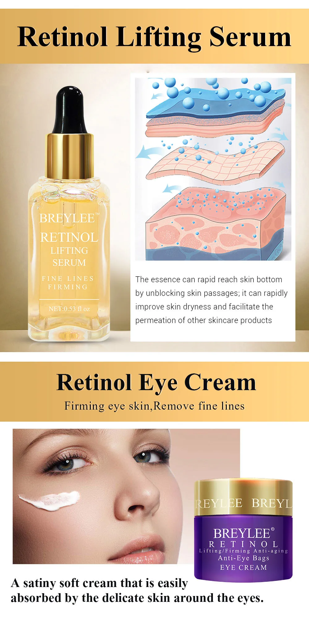 BREYLEE Retinol, антивозрастной укрепляющий набор, сыворотка для лица, крем для лица, крем для глаз, для удаления тонкой линии морщин, увлажняющий, подтягивающий уход за кожей