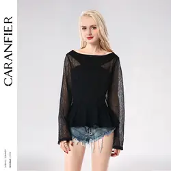 CARANFIER 2018 сезон: весна–лето женский, черный кружевная блузка рубашка с оборками Топы Мода выдалбливают О-образным вырезом с длинными