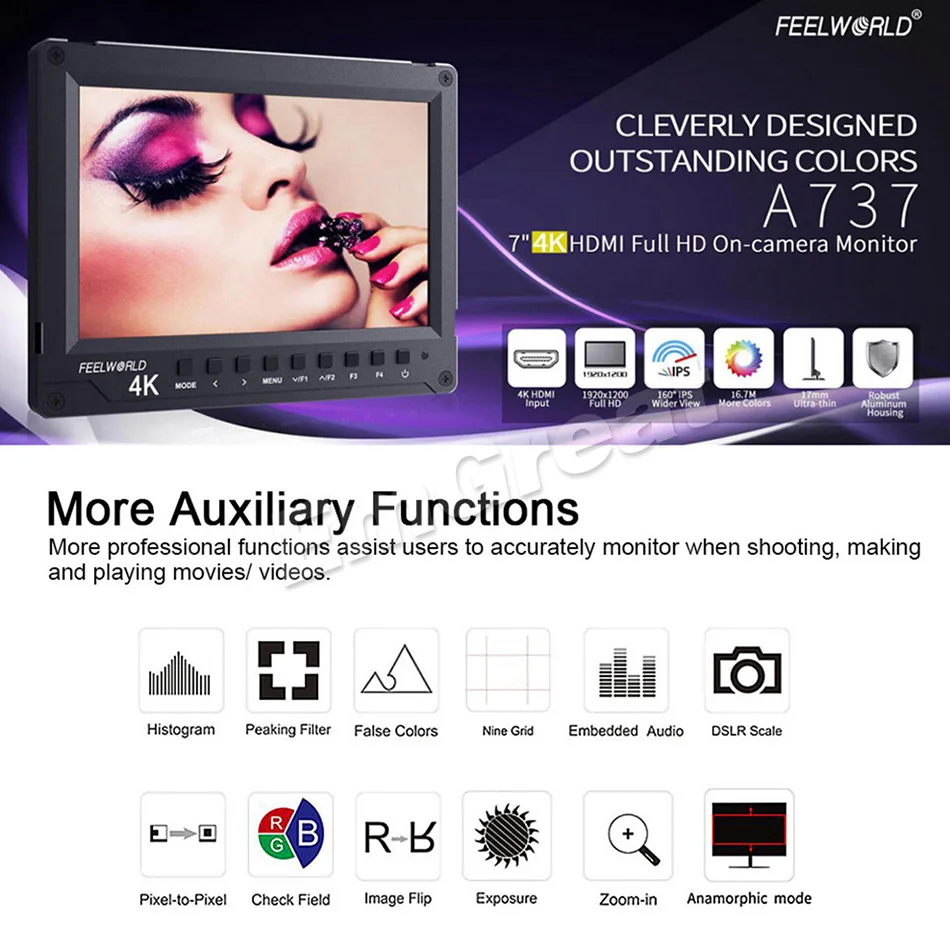 US $311.25 W Battery Feelworld A737 7 Inch Field MonitorHDMI Cable Aluminum Full HD 1920x1200 4K HDMI OnCamera Monitor For Photography