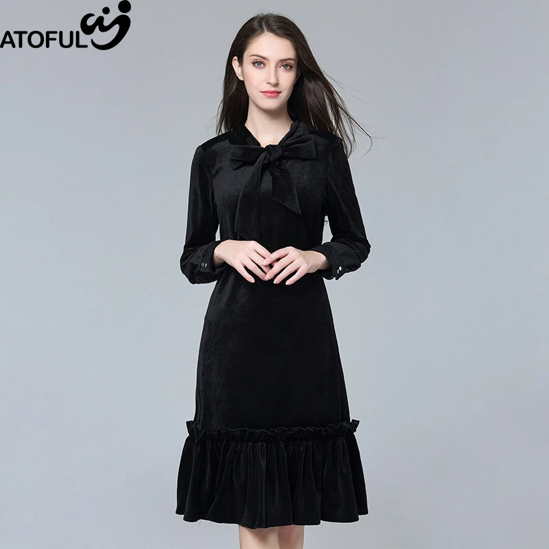 

ATOFUL Womens Dress Elegant Velvet Long Sleeve Ruffled Bow Knot Dress England Style Lady Party Fit Flare A Line Dress Plus Size
