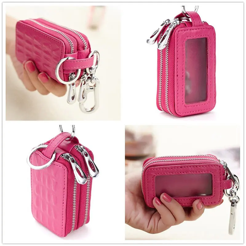

HOT Carkey Double Zippers Women Men's Multi-functionl Genuine Leather Bag Key Holder Keyrings Change Coin Purse Wallet 19ING