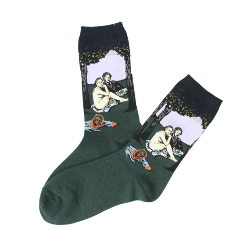 Осенне-зимние женские носки в стиле ретро, с рисунками масляной живописи, Ukiyoe Art, Mona Lisa Van Gogh, Фреска, всемирно известные мужские парные забавные носки - Цвет: A10