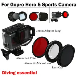 58 мм Go pro hero 5 hero 5 16x макрообъектив + УФ красный фильтр + объектив Кепки для GoPro hero 5 Go pro hero 5 черные спортивные камеры аксессуары