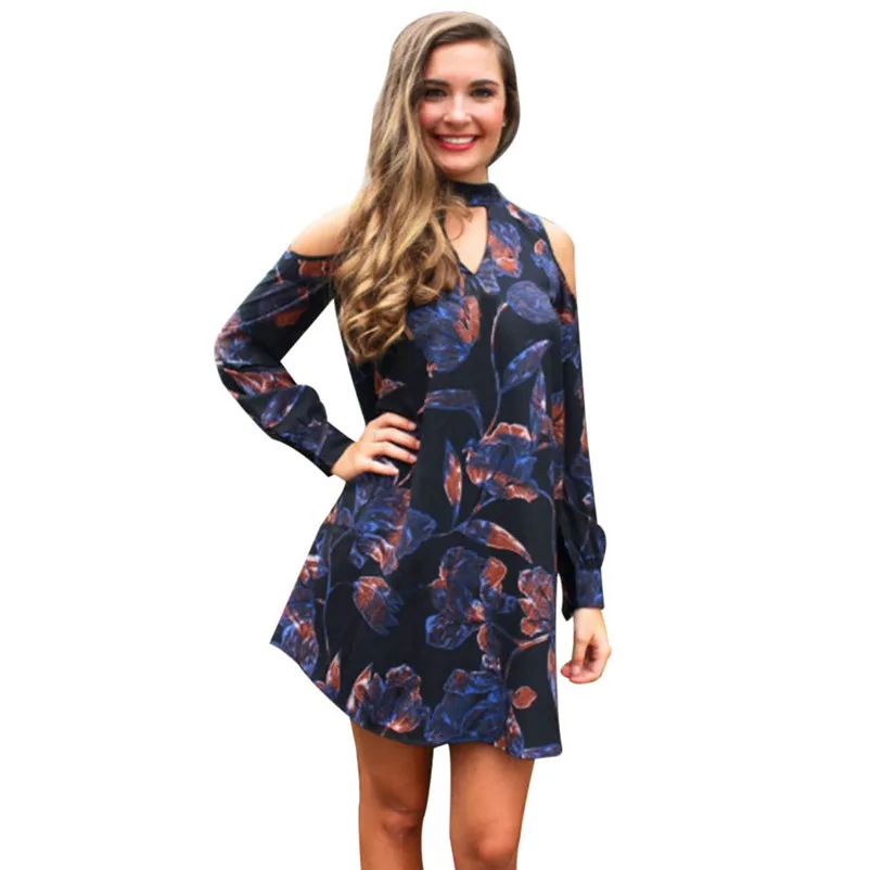 dress female loose of mini A-line casual dark blue color and flower printed full sleeve summer beach dropshipping #F#40JY3105