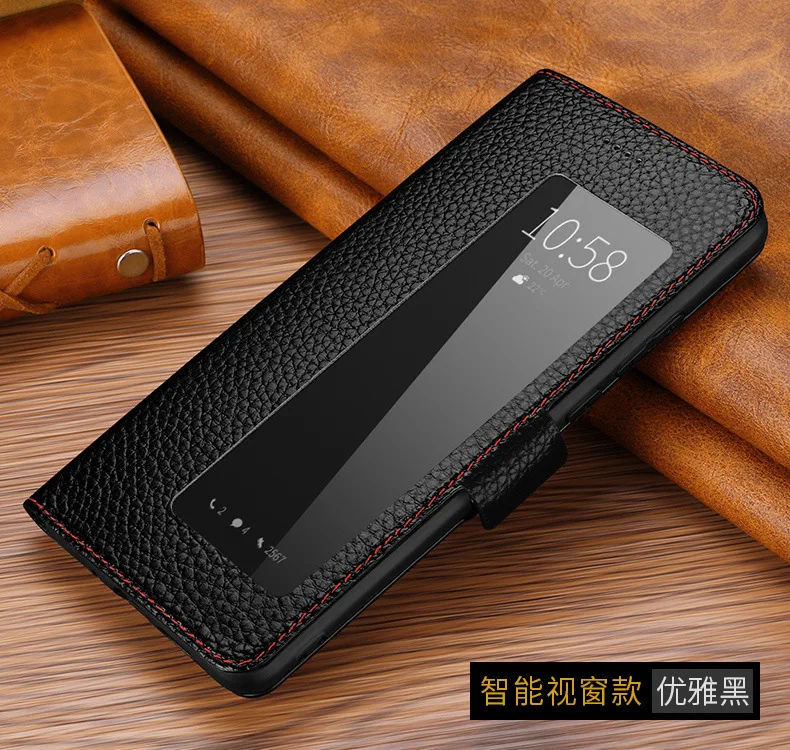 Чехол для смартфона из натуральной кожи личи для huawei P30/P30 Pro, Магнитный флип-чехол из натуральной воловьей кожи, умный чехол с окошком для сна