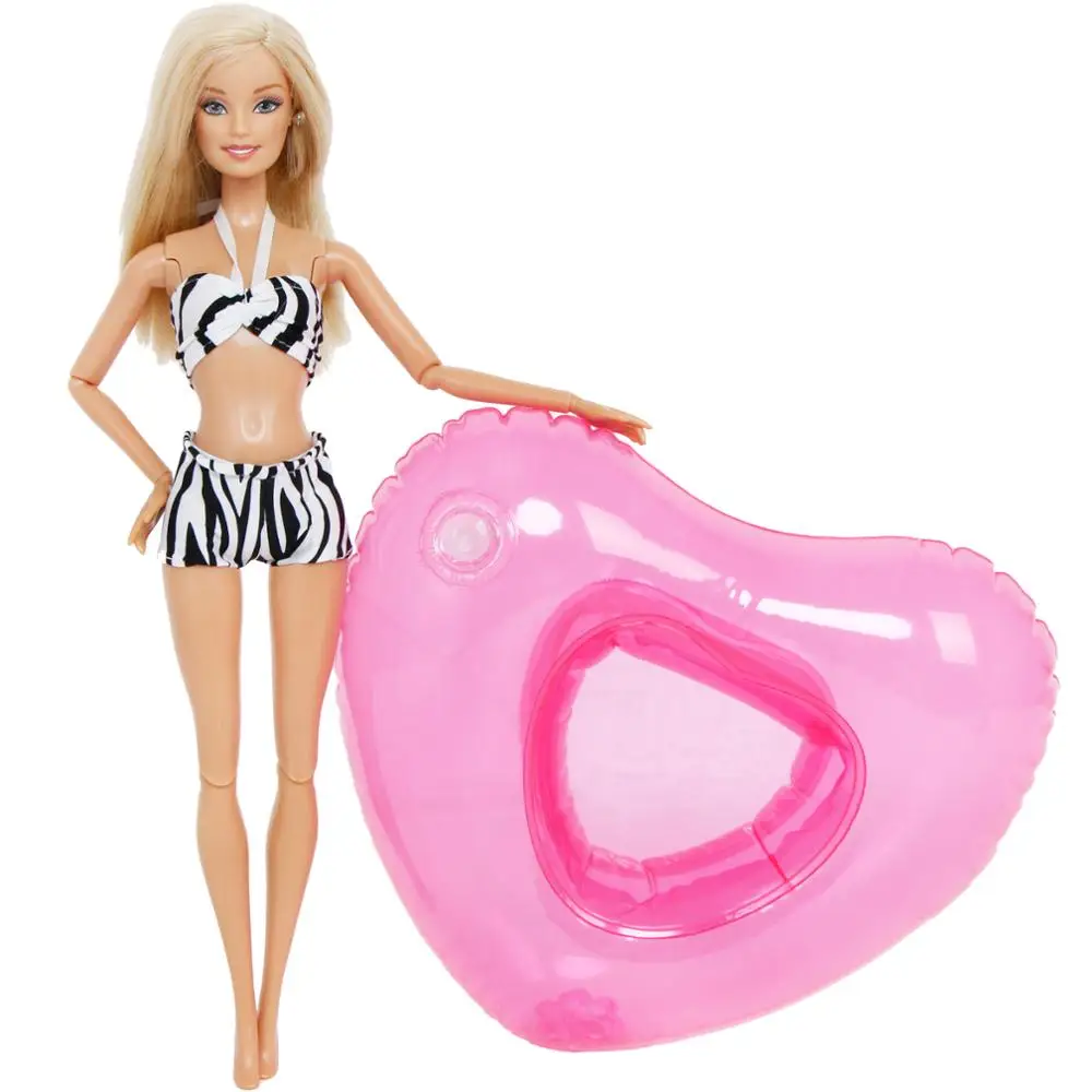 

2 Pcs = 1x Stripe Pattern Swimsuit Beach Swimwear Bikini + 1x Pink Swimming Lifebuoy Lifebelt Ring Clothes For Barbie Doll Gift