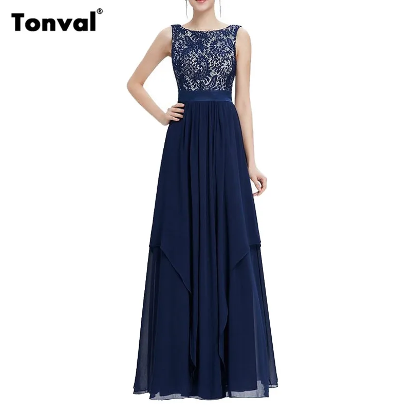 

Tonval Vintage Chiffon Contrast Lace Maxi Dress Women Fit and Flare Party Night Dress Elegant Backless Summer Long Dresses