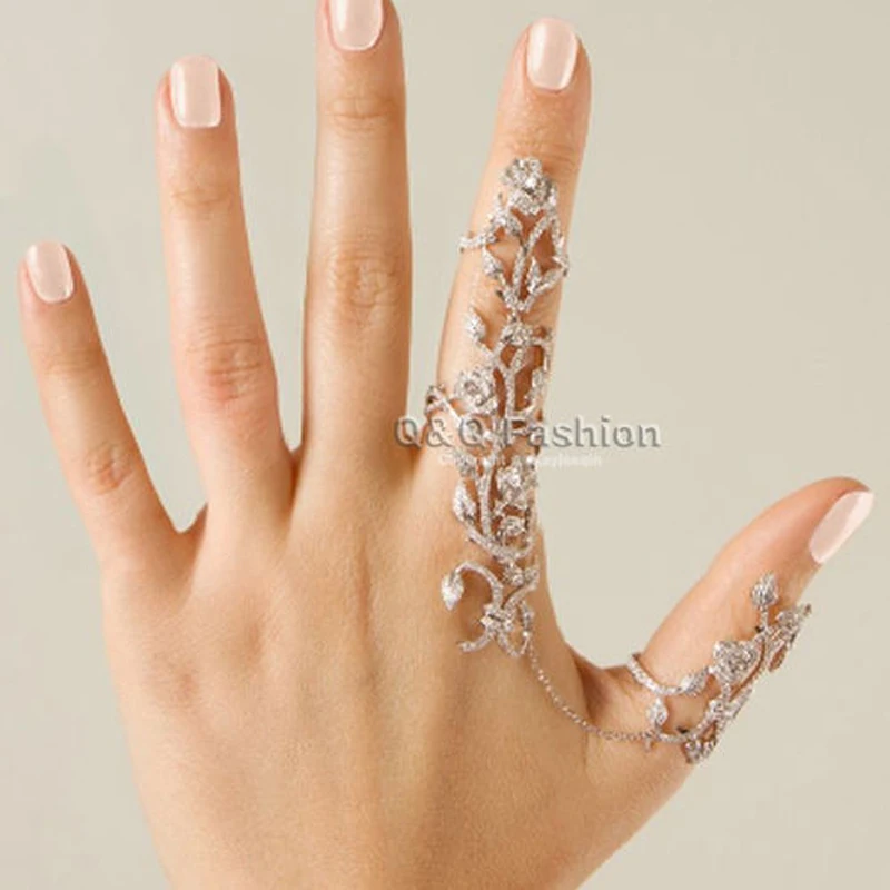 

Stunning Bridal Bride Filigree Flower Branch Crystal Chain 2 Finger Ring Gift Jewelry 2018 New