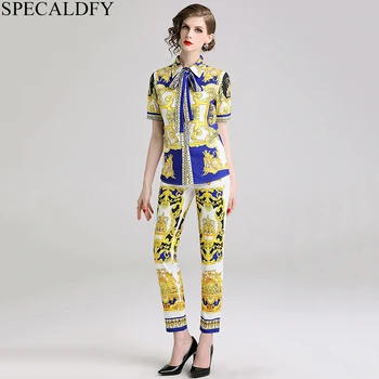 

Summer 2 Piece Pants Set Women Short Sleeve Vintage Blouse Tops 2020 High Quality Fashion Designer Runway Two Piece Sets Pant