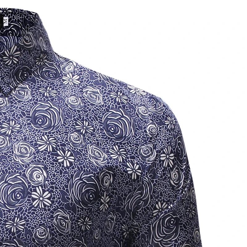 New Autumn Men Lapel Tops Casual Loose Rose Printing Shirt Long Sleeve Fiber Blend Dress Shirts Unique Floral Print Multi Colors