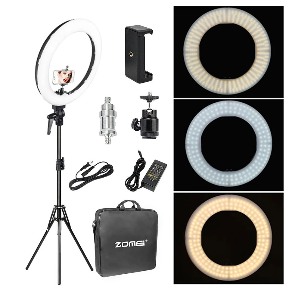 Goedkoop Zomei 18 Dimbare Fotografische Verlichting Studio Video LED Ring Light 3200 5600 K voor Smart telefoon Make Live youtube portret