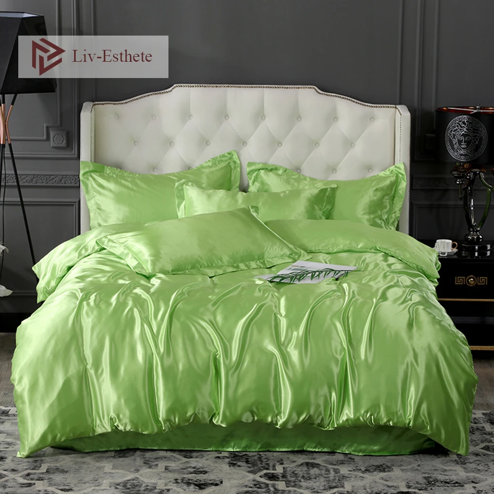 

Liv-Esthete Luxury Green Satin Silk Bedding Set Silky Duvet Cover Flat Sheet Pillowcase Double Queen King Bed Set Wholesale