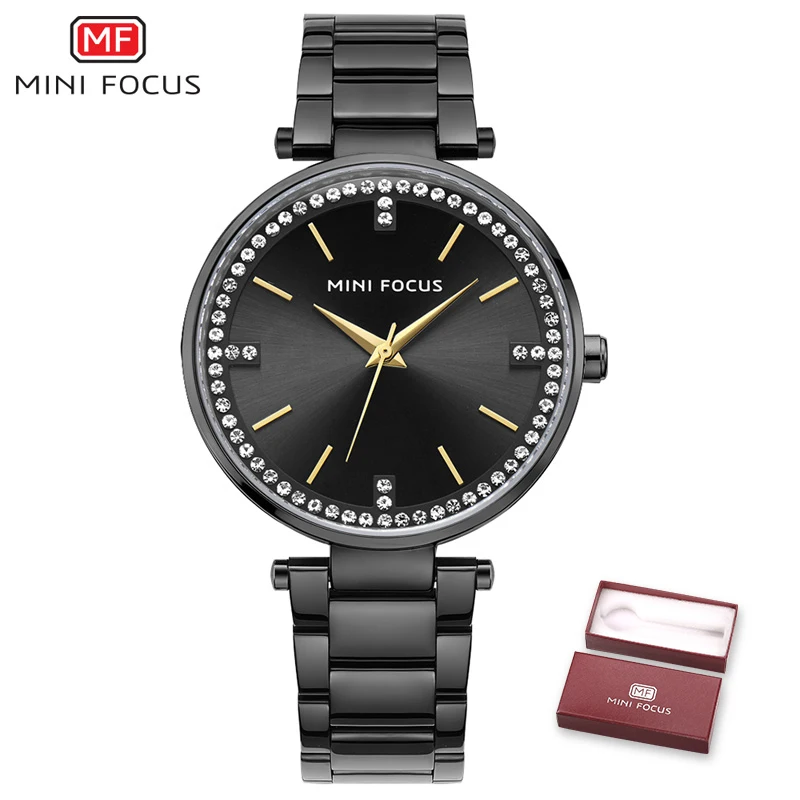 MINIFOCUS, женские часы, Лидирующий бренд, роскошные, розовое золото, кварцевые, женские модные часы, женские наручные часы, Relogios Feminino - Цвет: Black
