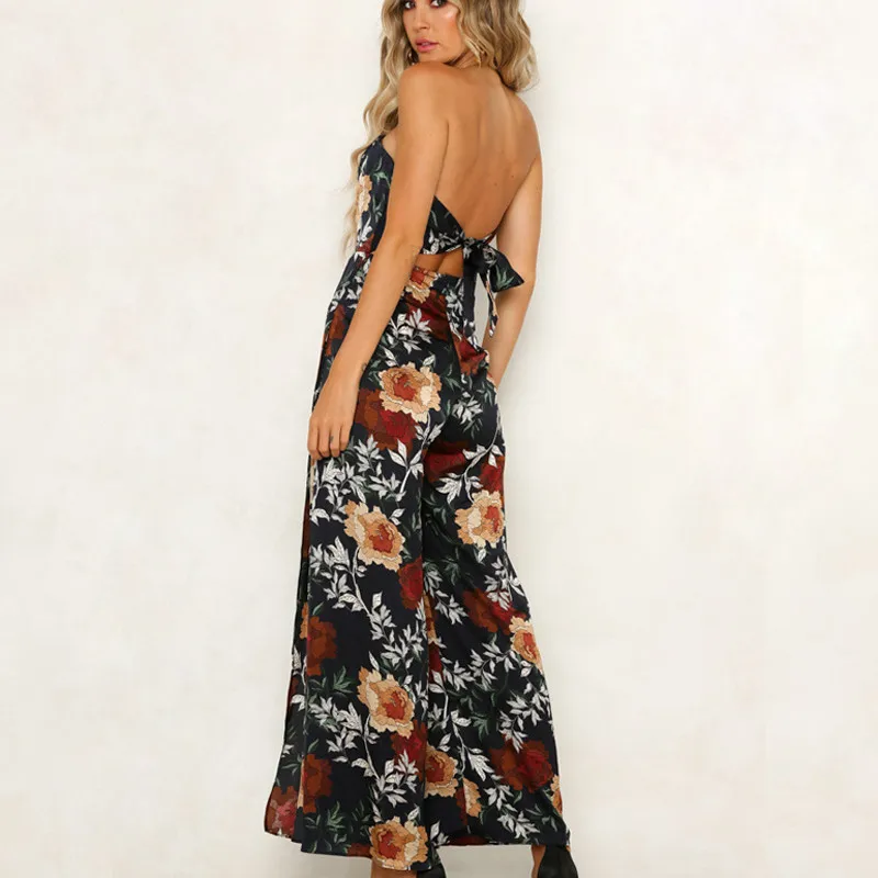 DORVIVON Sexy Backless Floral Print Boho Beach Jumpsuits Women 2019 Summer Sleeveless Rompers Elegant Wide Leg Jumpsuit Femme