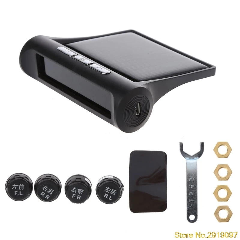 

Newest Arrival Solar Energy TPMS Tire Pressure Monitor System Adjustable LCD Display w/ USB Charger
