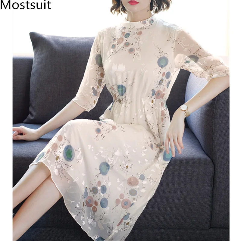 

2019 Spring Summer Silk Printed Long Dress Women 3/4 Sleeve O-neck Vintage Elegant Office Ladies Dresses Vestidos Mujer