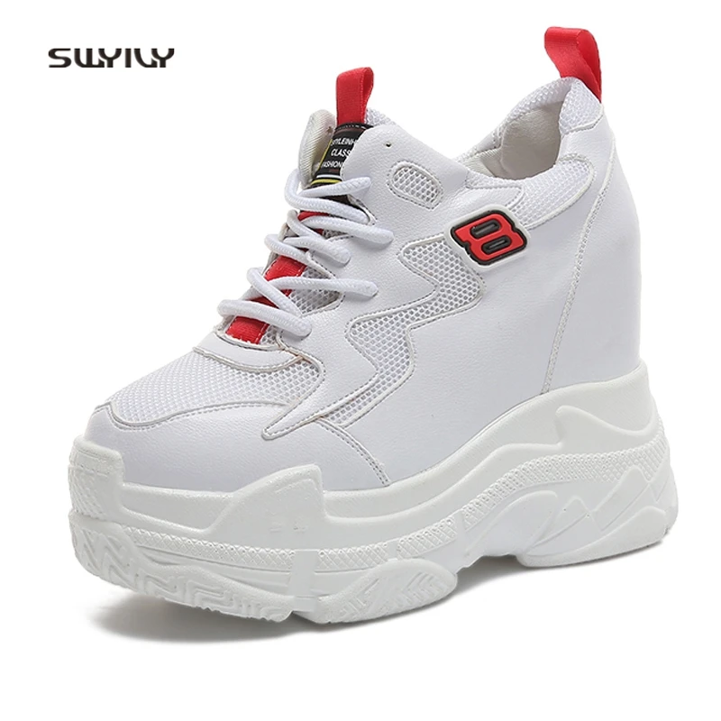 SWYIVY Sneakers Platform Woman Breathable Autumn 2018 New White Female Casual Shoes 12 Cm Wedge Heel High Quality Sneakers Woman